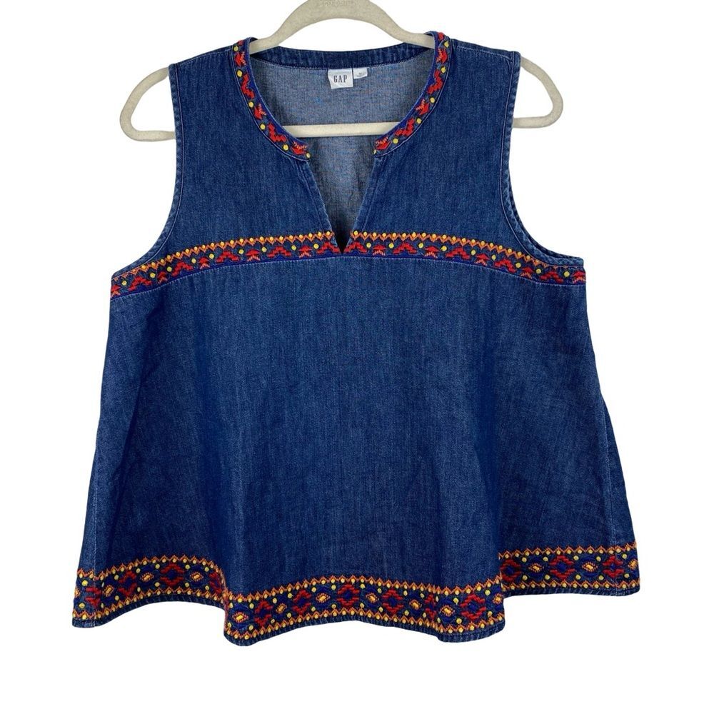 Gap Denim Embroidered Boho Western Tank V-neck Notched Round Neck Size M